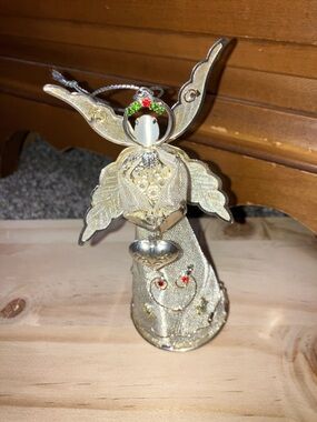 Hand Crafted Silver Mesh Wire Angel Ornament with Red and Green Crystal Halo 5”
